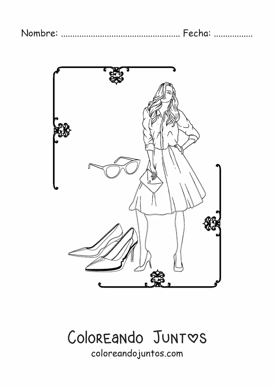 Imagen para colorear de una mujer usando un vestido y tacones
