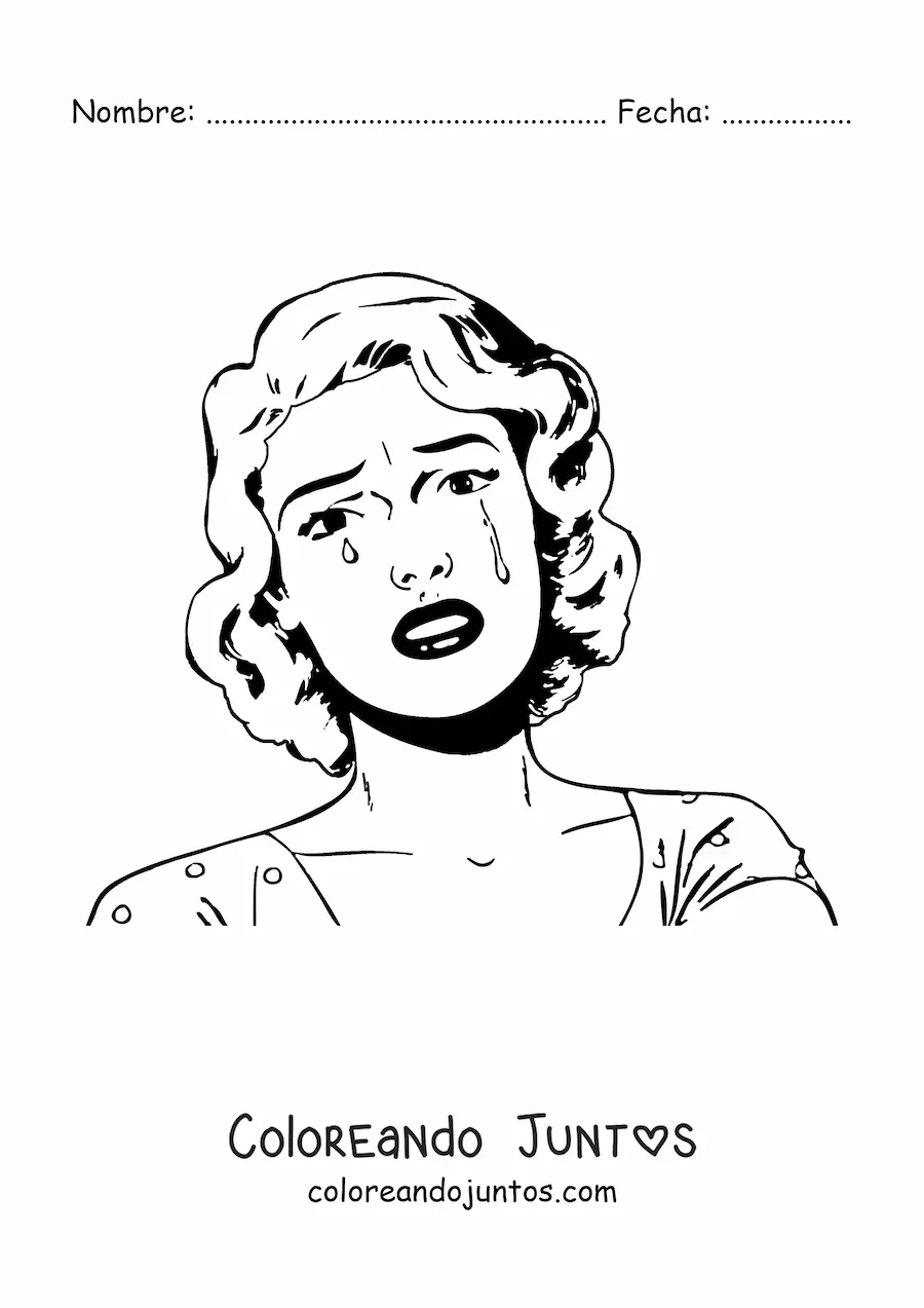 Imagen para colorear del rostro de una mujer llorando dibujado estilo vintage