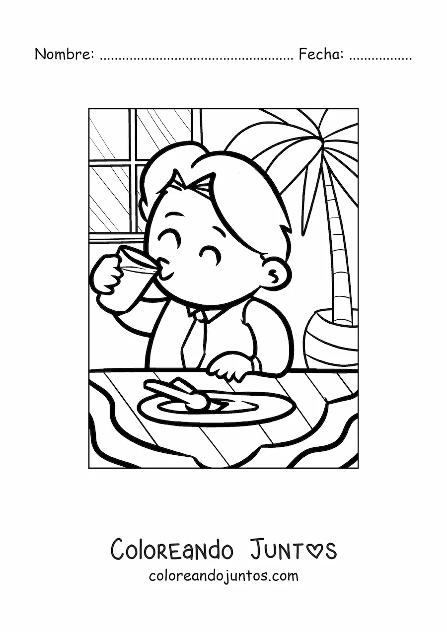 Imagen para colorear de un hombre vestido con corbata comiendo feliz