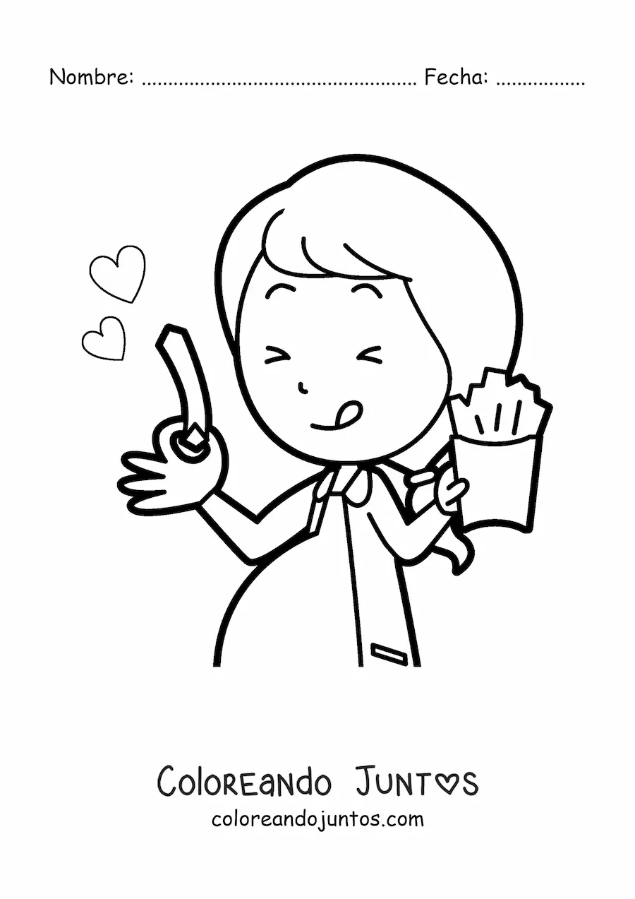 Imagen para colorear de una mujer embarazada feliz comiendo frituras