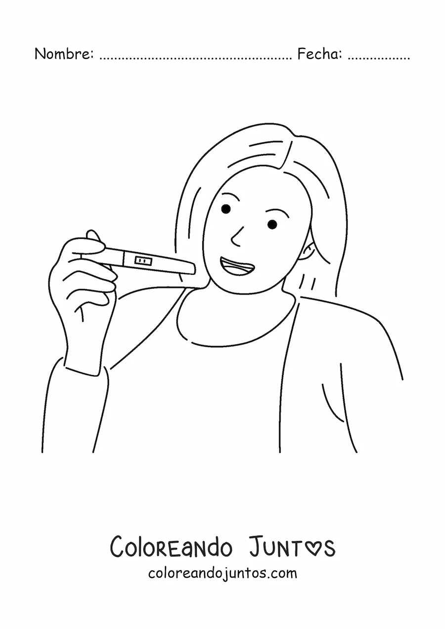 Imagen para colorear de una mujer feliz sosteniendo una prueba de embarazo