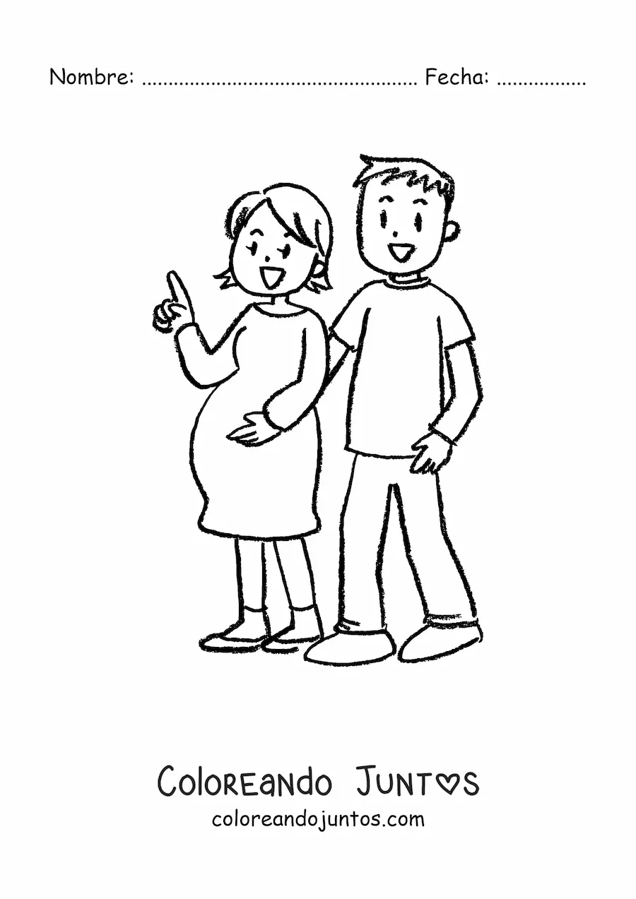 Imagen para colorear de una pareja de esposos donde la mujer está embarazada