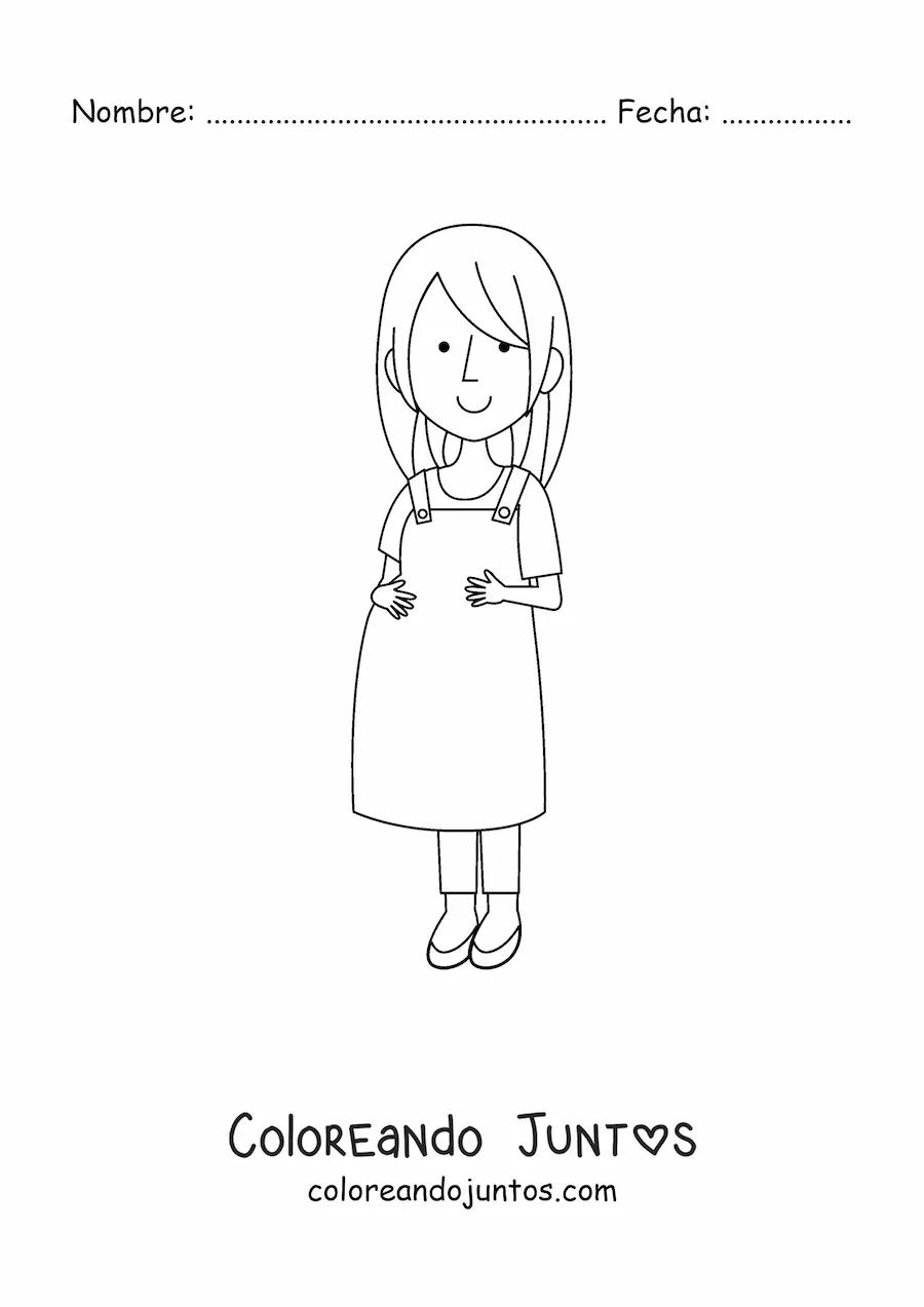 Imagen para colorear de una mujer embarazada sonriente con las manos sobre la barriga