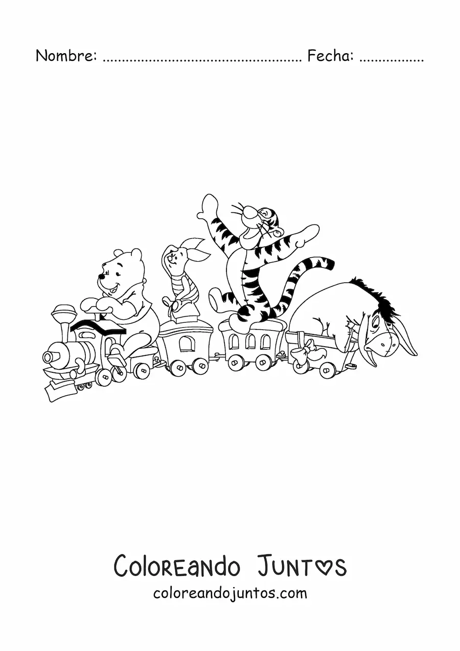 Imagen para colorear de Winnie Pooh y sus amigos jugando en un tren de juguete