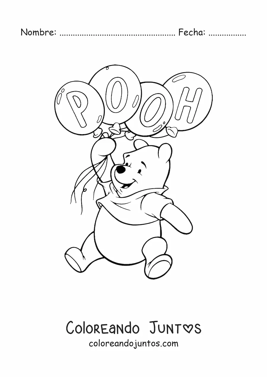 Imagen para colorear de Winnie Pooh flotando sujetando unos globos con su nombre