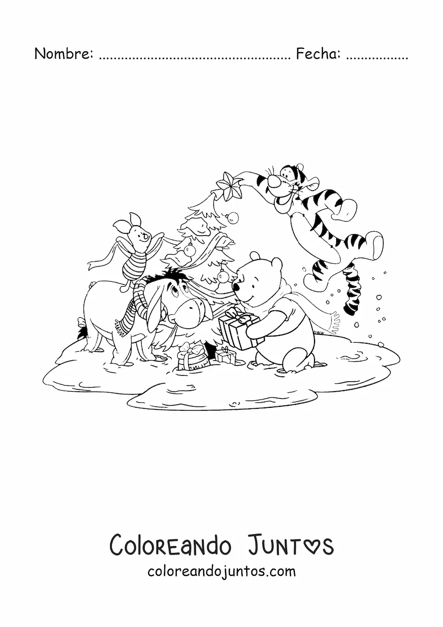 Imagen para colorear de Pooh junto a sus amigos decorando un árbol de Navidad