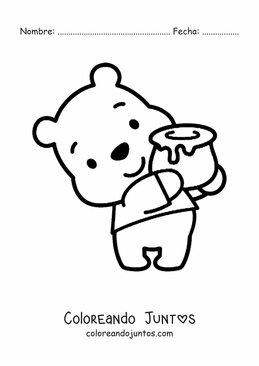 Imagen para colorear de Winnie Pooh kawaii sosteniendo un tarro de miel