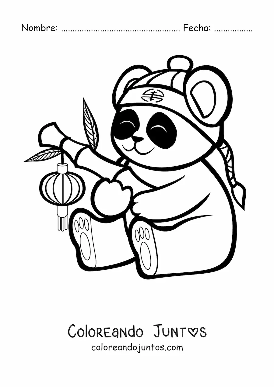 Imagen para colorear de un oso panda kawaii sentado con una bandana en la cabeza y un bambú