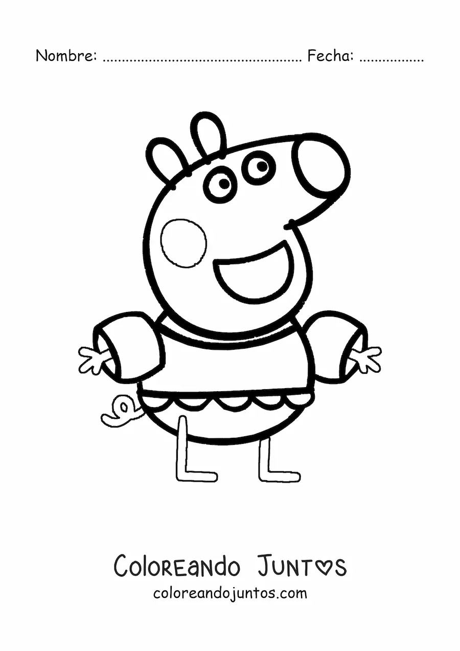 Imagen para colorear de Peppa feliz con un bañador y flotadores
