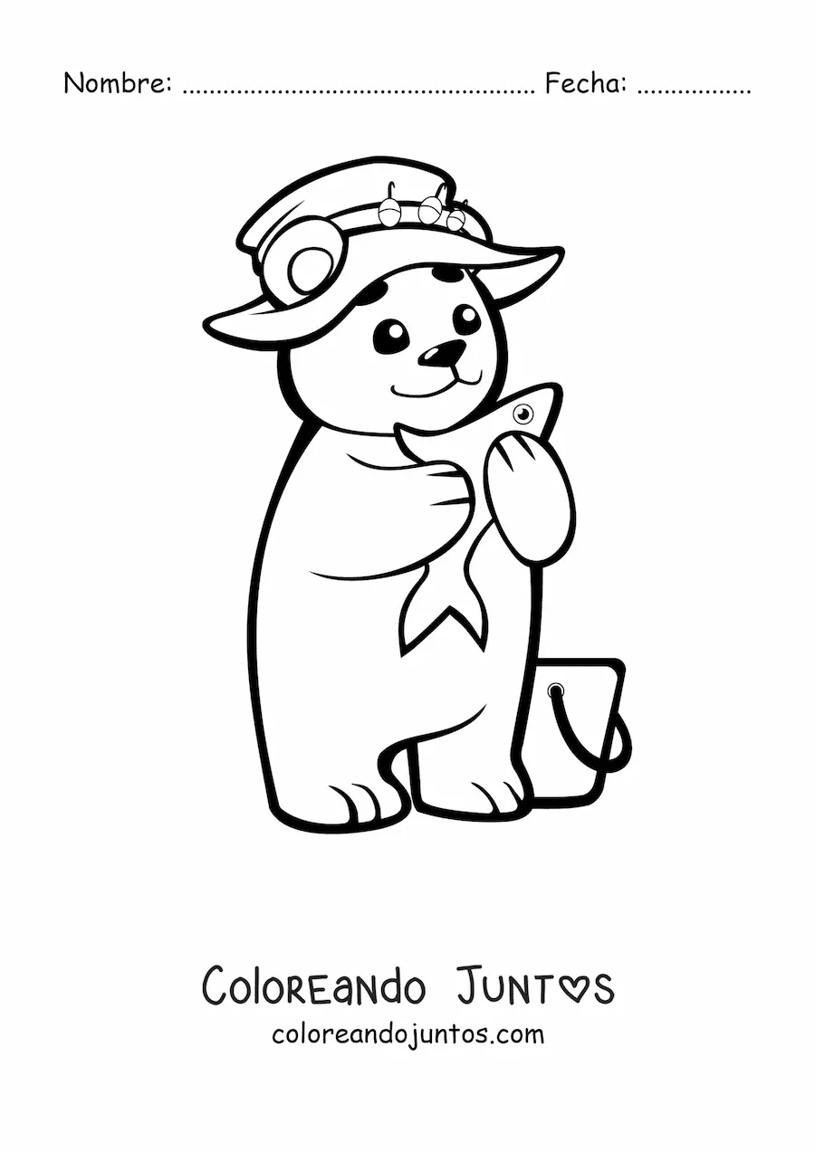 Imagen para colorear de un oso bebe kawaii animado con sombrero pescando