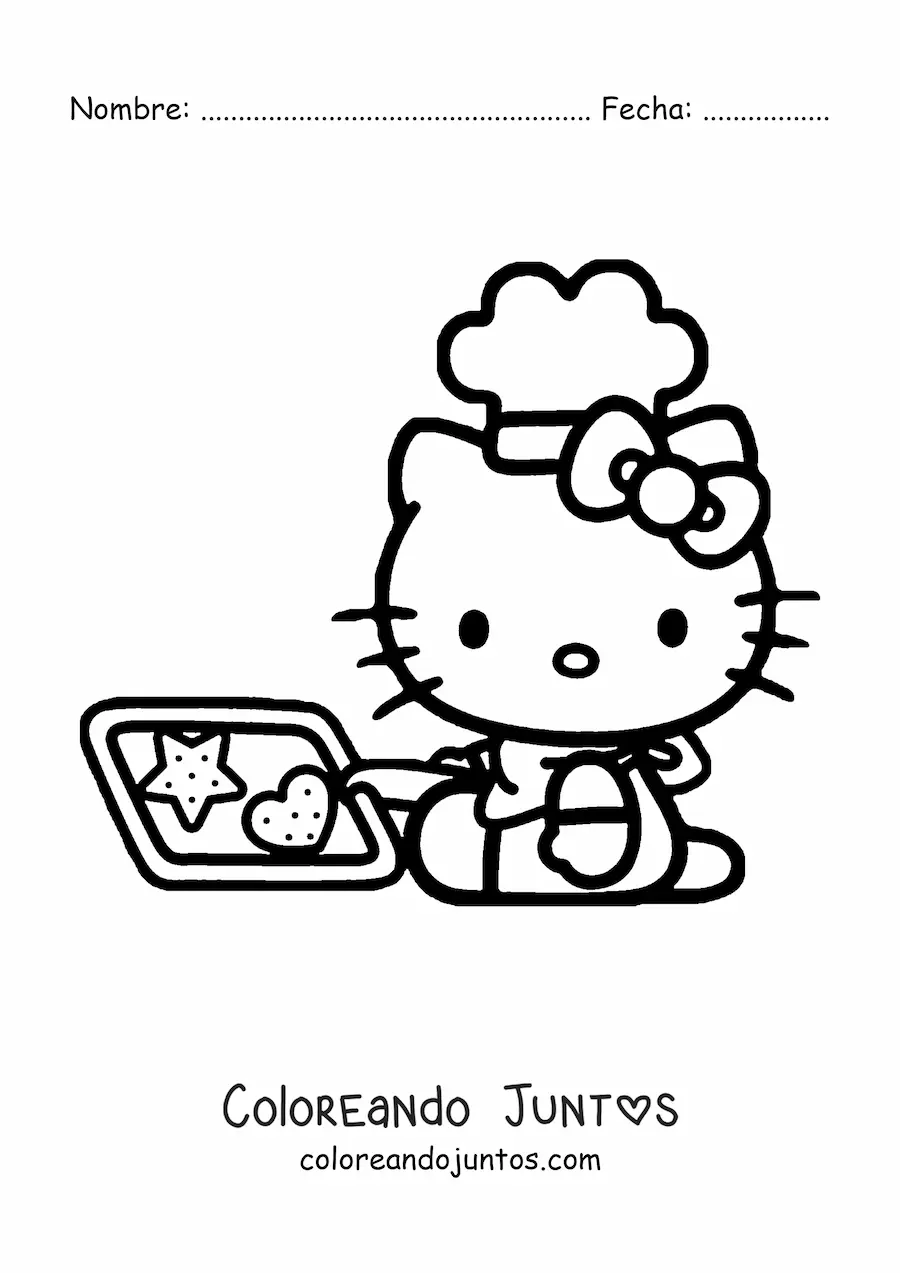 Imagen para colorear de Hello Kitty con un sombrero de chef sujetando una bandeja con galletas horneadas