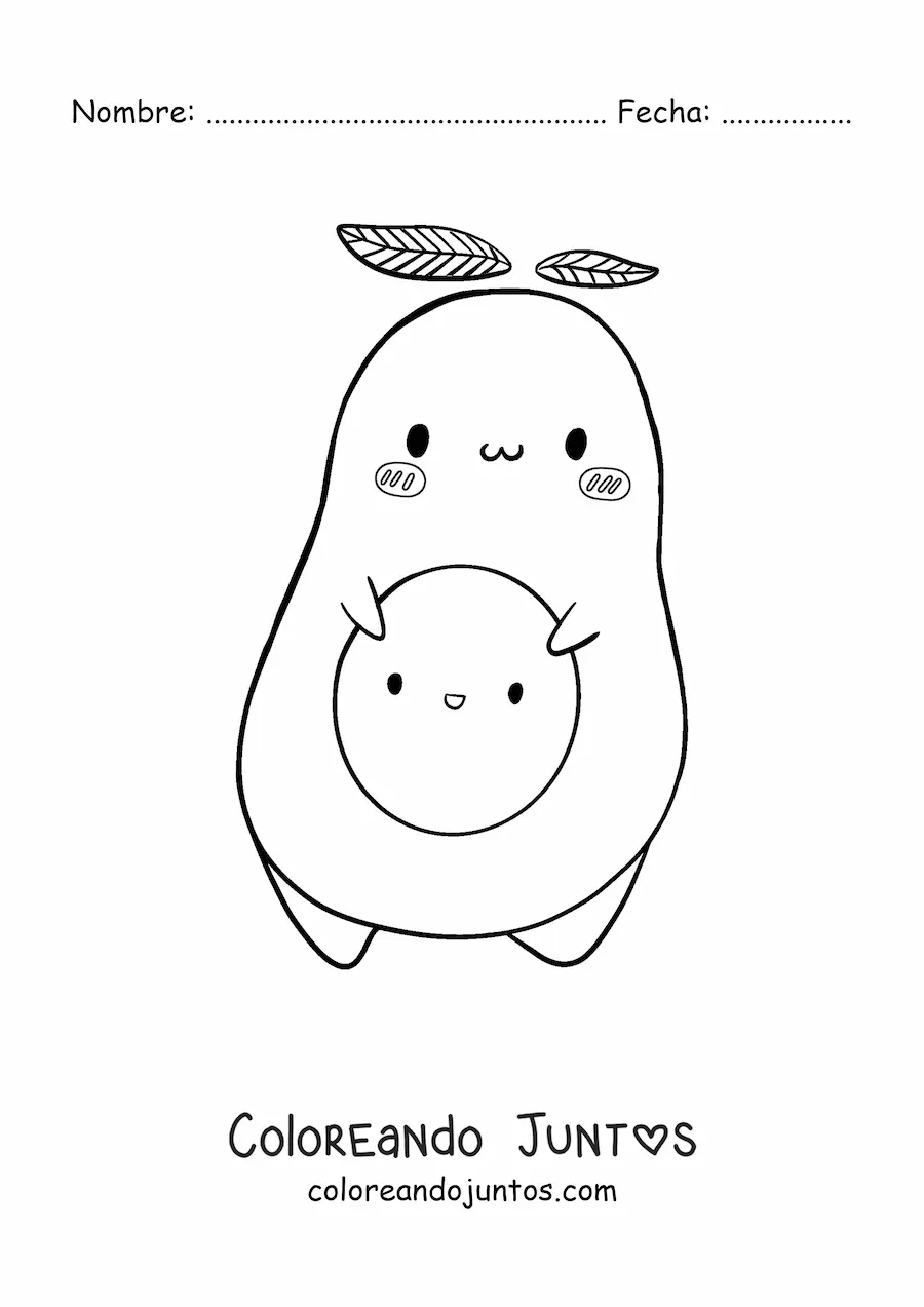 Imagen para colorear de un aguacate tierno animado sujetando su semilla animada sonriente