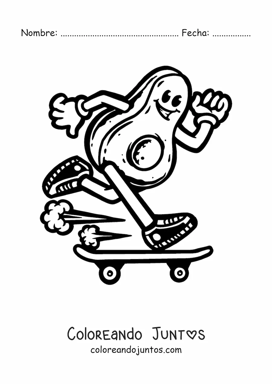 Imagen para colorear de un aguacate animado usando una patineta a toda velocidad