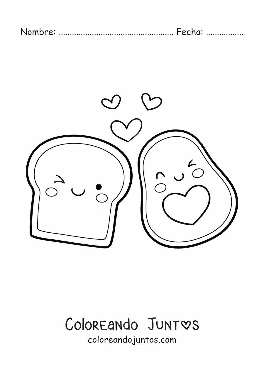 Imagen para colorear de un aguacate kawaii junto a una tostada animada con corazones en el aire