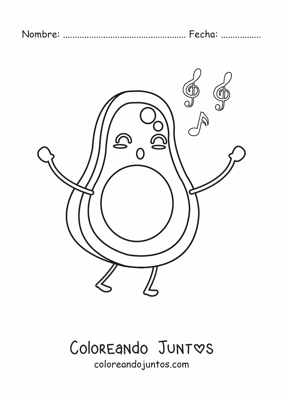 Imagen para colorear de un aguacate animado cantando con notas musicales flotantes