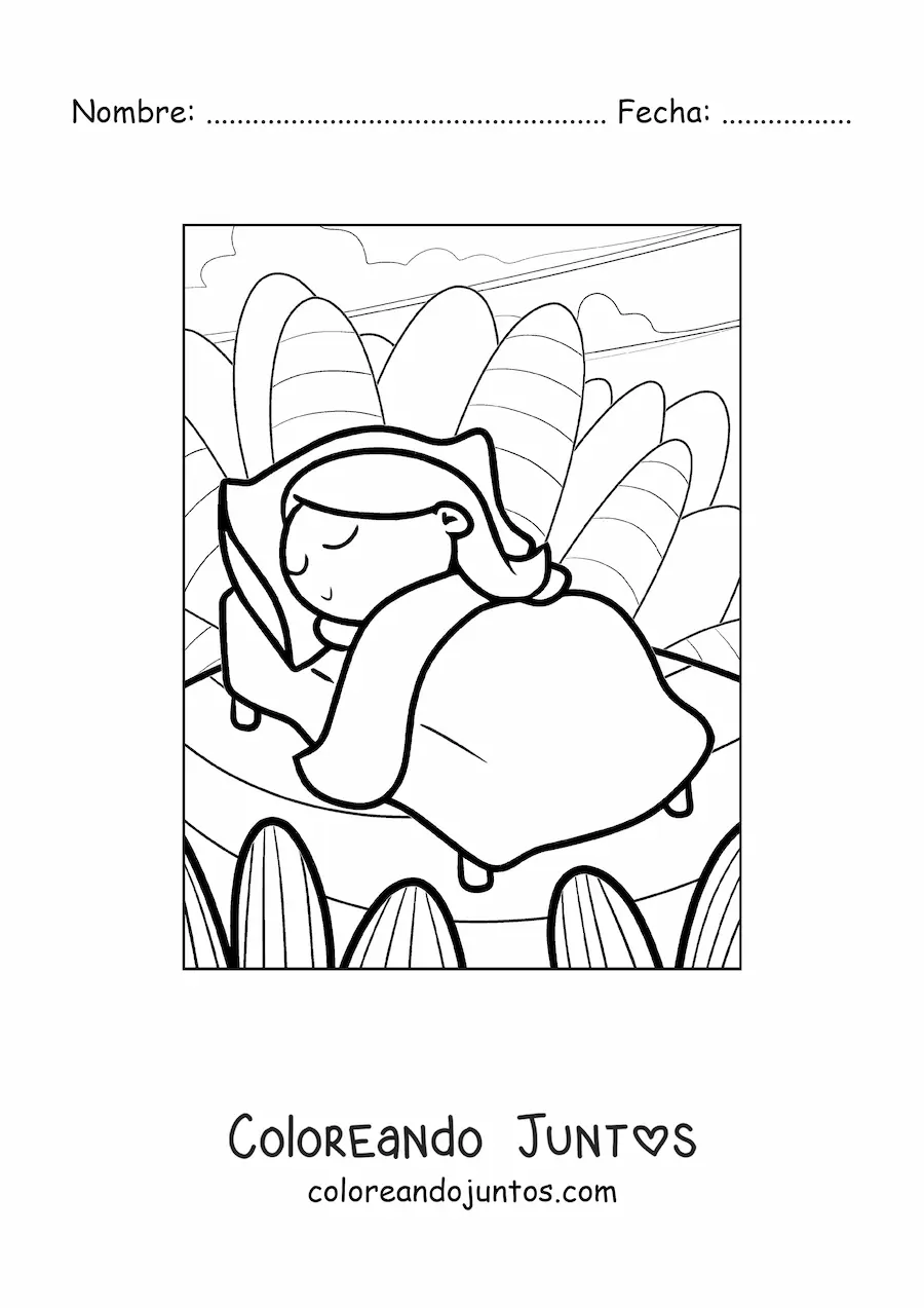 Imagen para colorear de una niña durmiendo tranquila en una cama con un paisaje de fondo