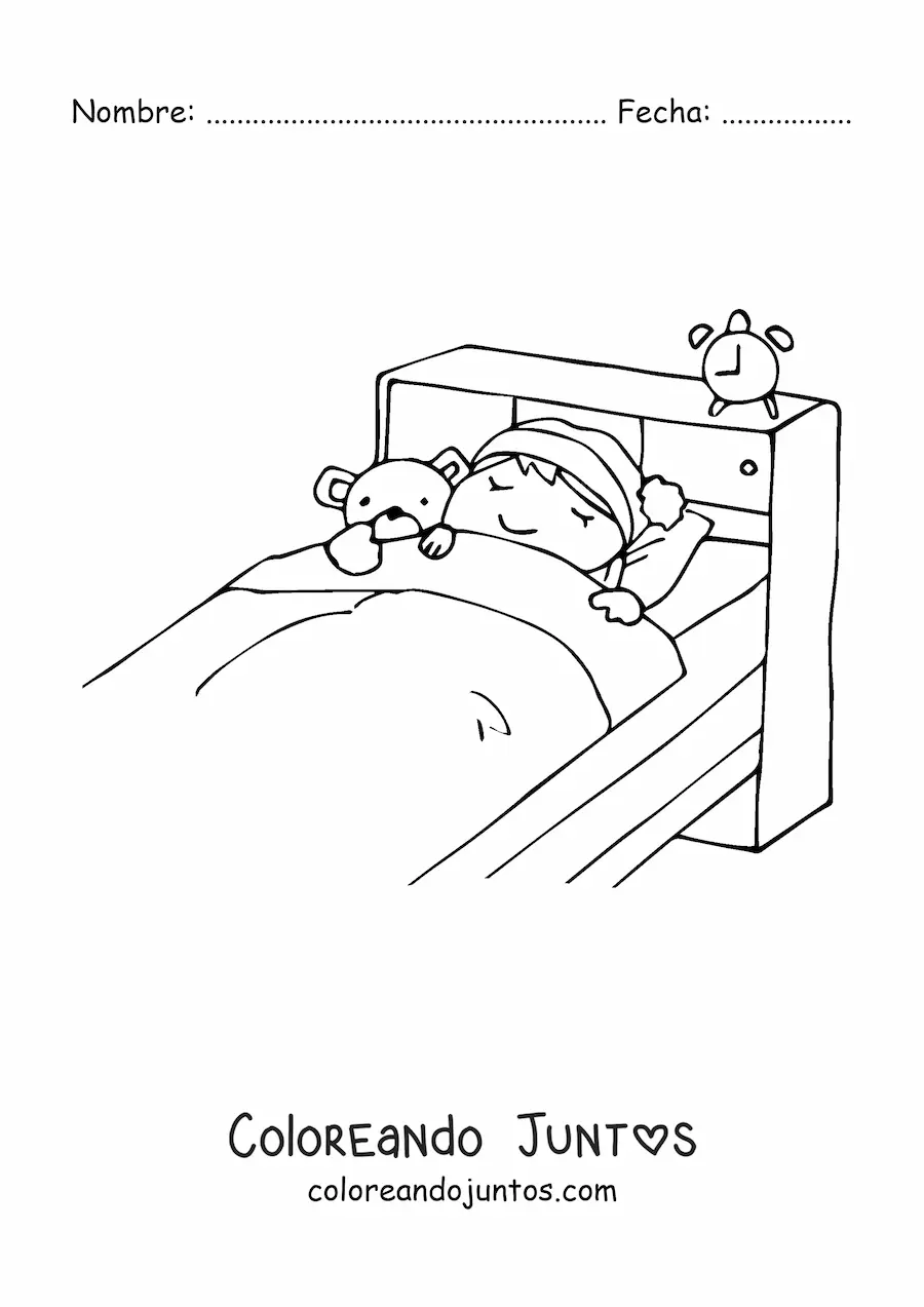 Imagen para colorear de una niña durmiendo en una cama junto a un oso de peluche y un reloj despertador