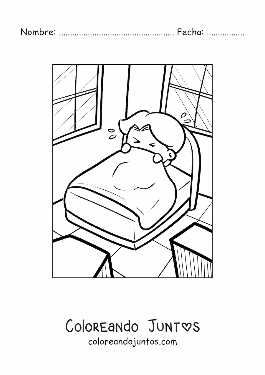 Imagen para colorear de un niño asustado en su cama cubriéndose con las sábanas