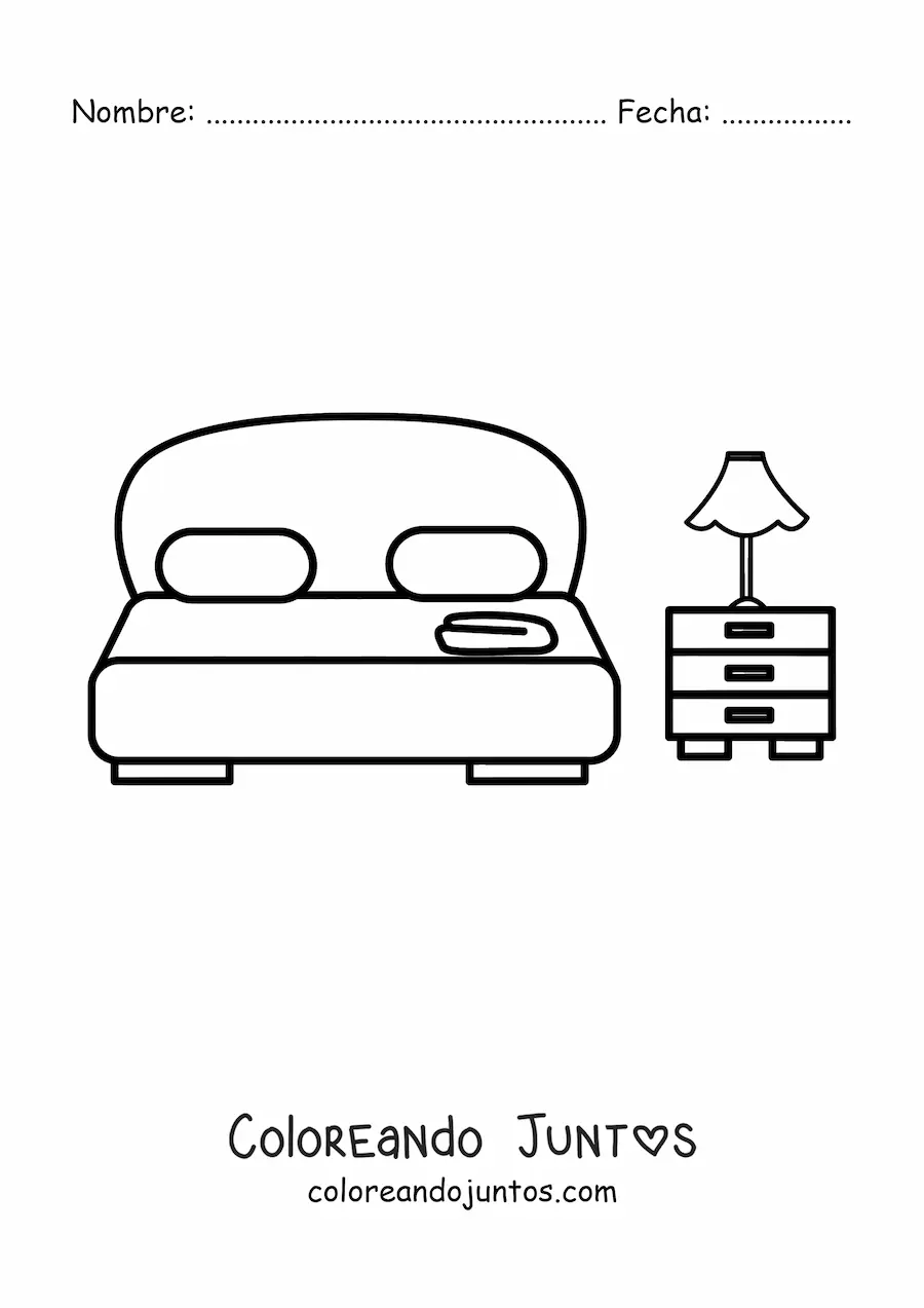 Imagen para colorear de una cama matrimonial con dos almohadas junto a una mesita