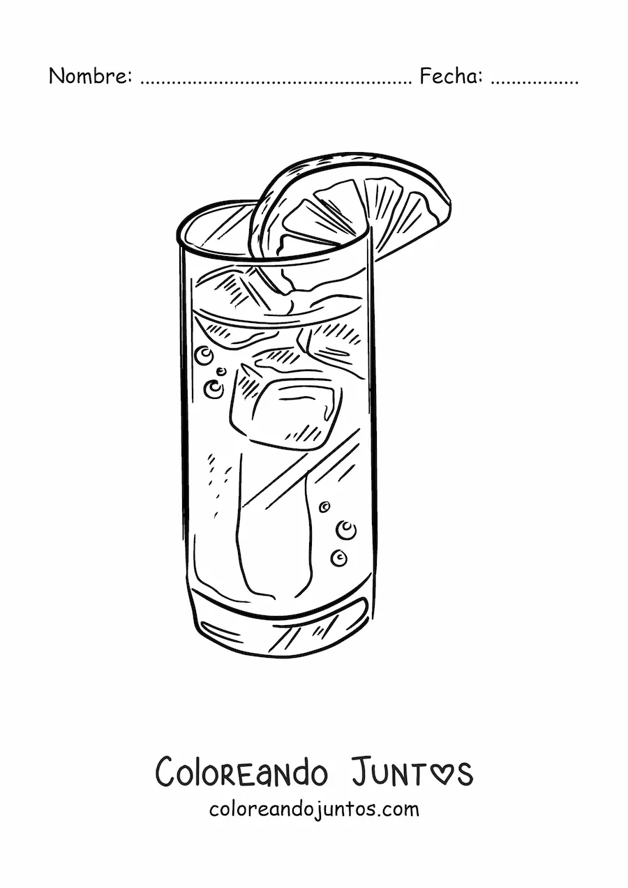 Imagen para colorear de un vaso realista de vidrio lleno con refresco y hielo decorado con una rodaja de limón