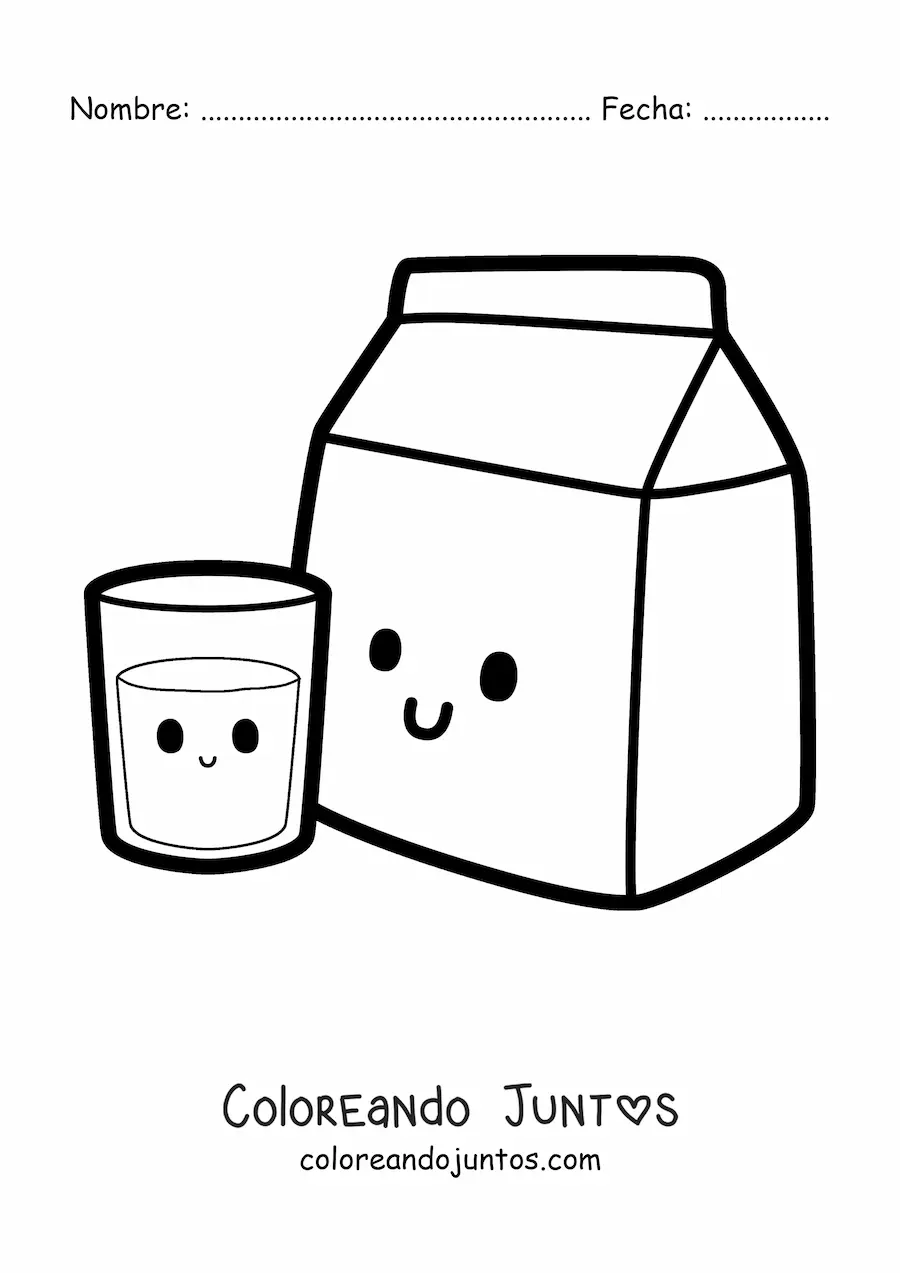 Imagen para colorear de un vaso kawaii junto a un cartón de leche kawaii