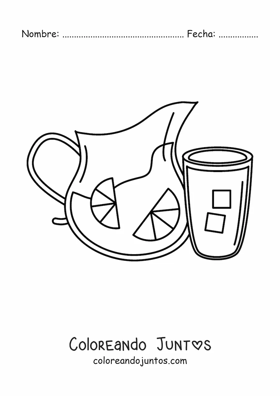 Imagen para colorear de un vaso lleno junto a una jarra llena de limonada con hielo