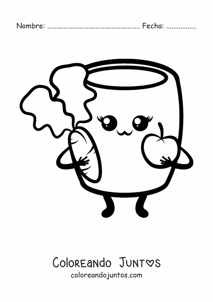 Imagen para colorear de un vaso lleno kawaii con manos y pies sosteniendo una manzana y una zanahoria