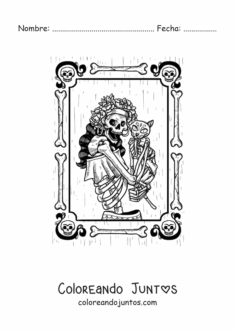 Imagen para colorear del retrato de una mujer esqueleto vestida del día de los muertos con un gato esqueleto