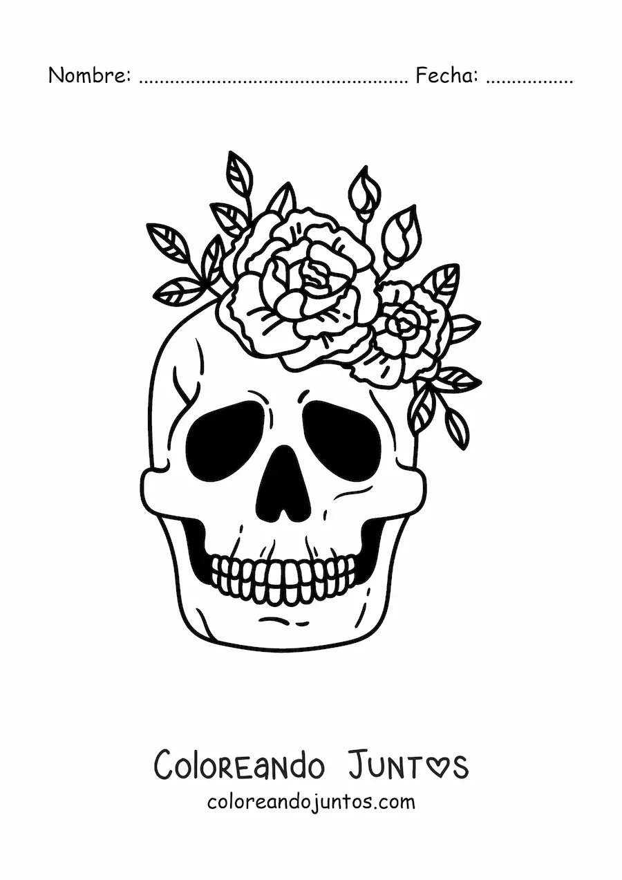 Imagen para colorear de una calavera decorada con flores en la parte superior