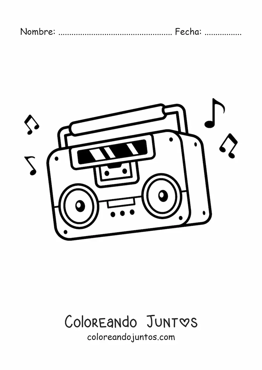 Imagen para colorear de una radio reproductora de cassette animada con música
