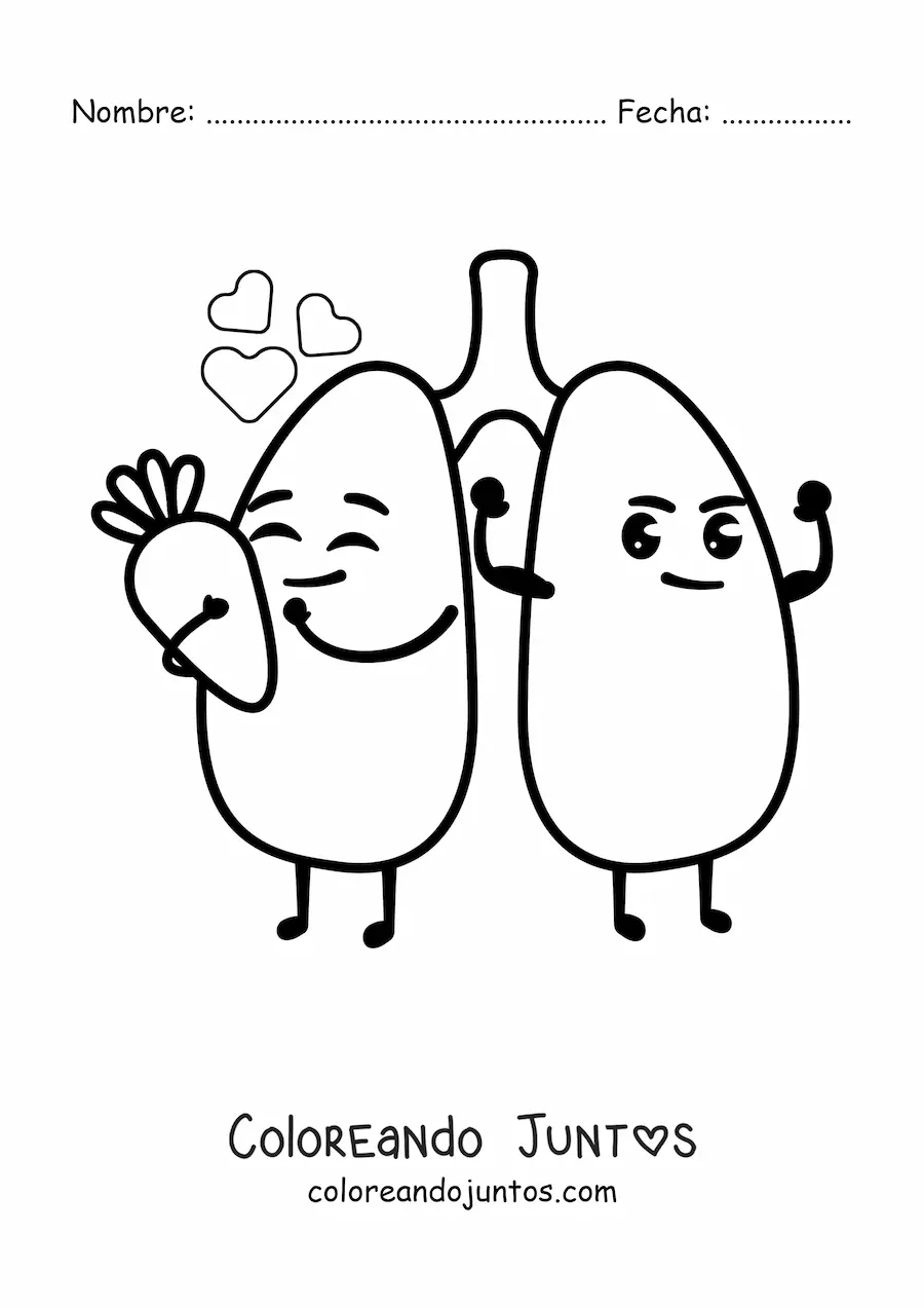 Imagen para colorear de un par de pulmones animados alegres sosteniendo una saludable zanahoria