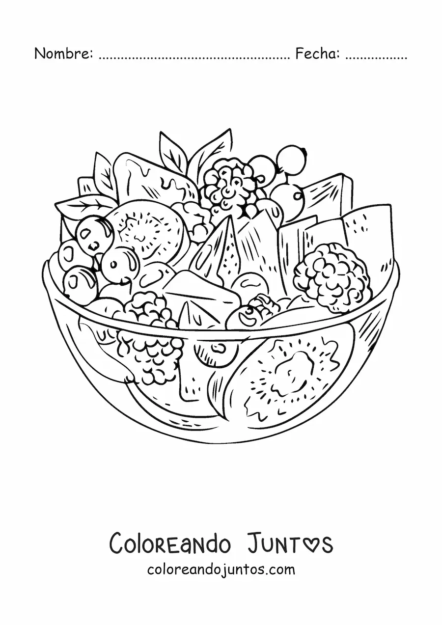 Imagen para colorear de una ensalada de frutas realista en un recipiente de vidrio