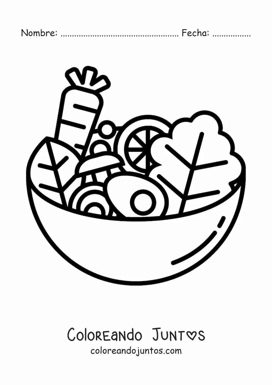 Imagen para colorear de ensalada con lechuga, zanahoria y huevos en un recipiente