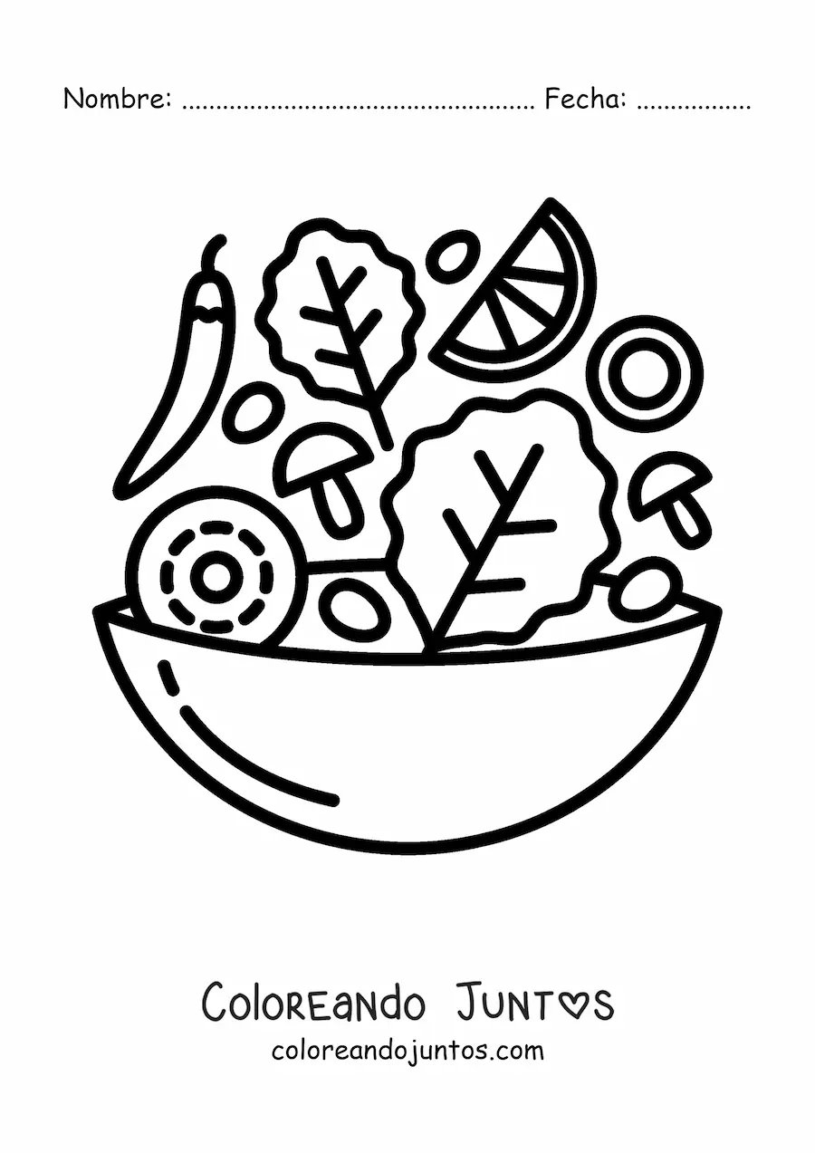 Imagen para colorear de ensalada con pimientos, lechuga y champiñones en un recipiente