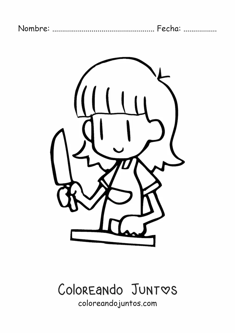 Imagen para colorear de una niña cortando una zanahoria para preparar una ensalada