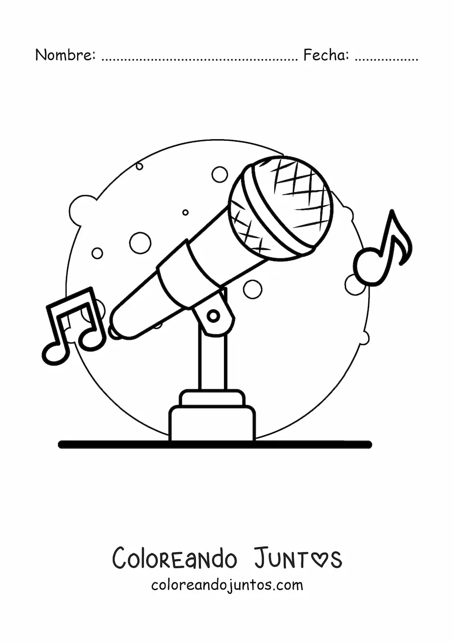 Imagen para colorear de un micrófono inalámbrico en soporte con notas musicales de fondo