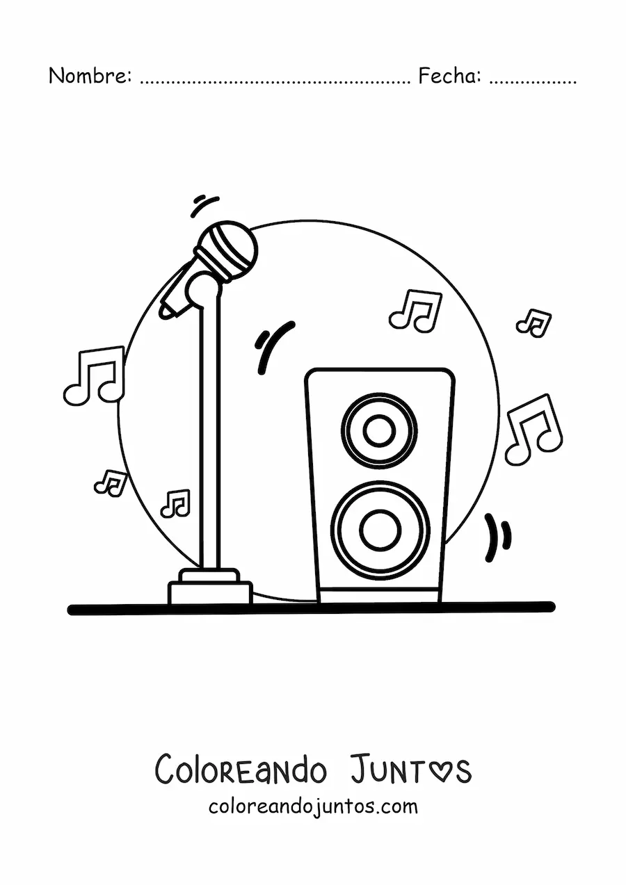 Imagen para colorear de un micrófono de pie con bocina o altoparlante, con notas musicales de fondo