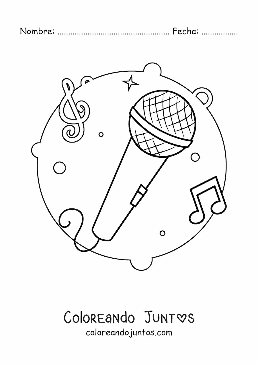 Imagen para colorear de un micrófono con notas musicales de fondo