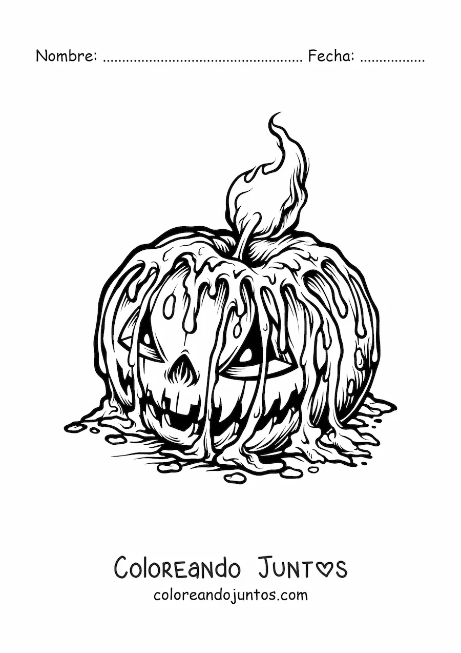 Imagen para colorear de vela de Halloween derretida sobre calabaza aterradora