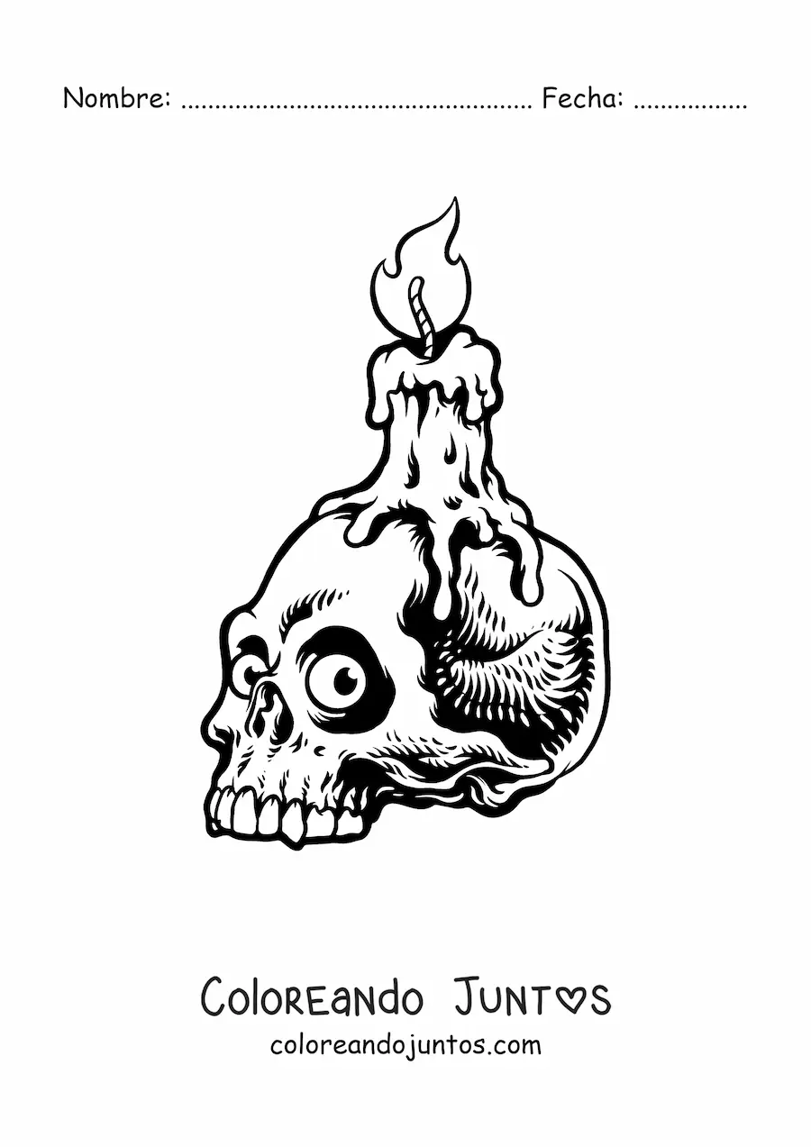 Imagen para colorear de vela de Halloween sobre calavera aterradora