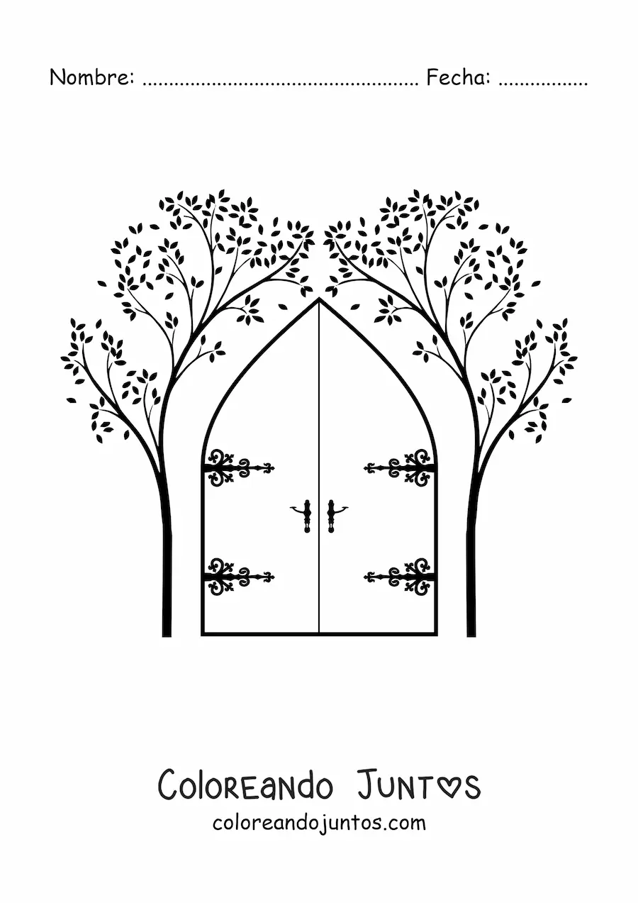 Imagen para colorear de una puerta con dos árboles a los lados