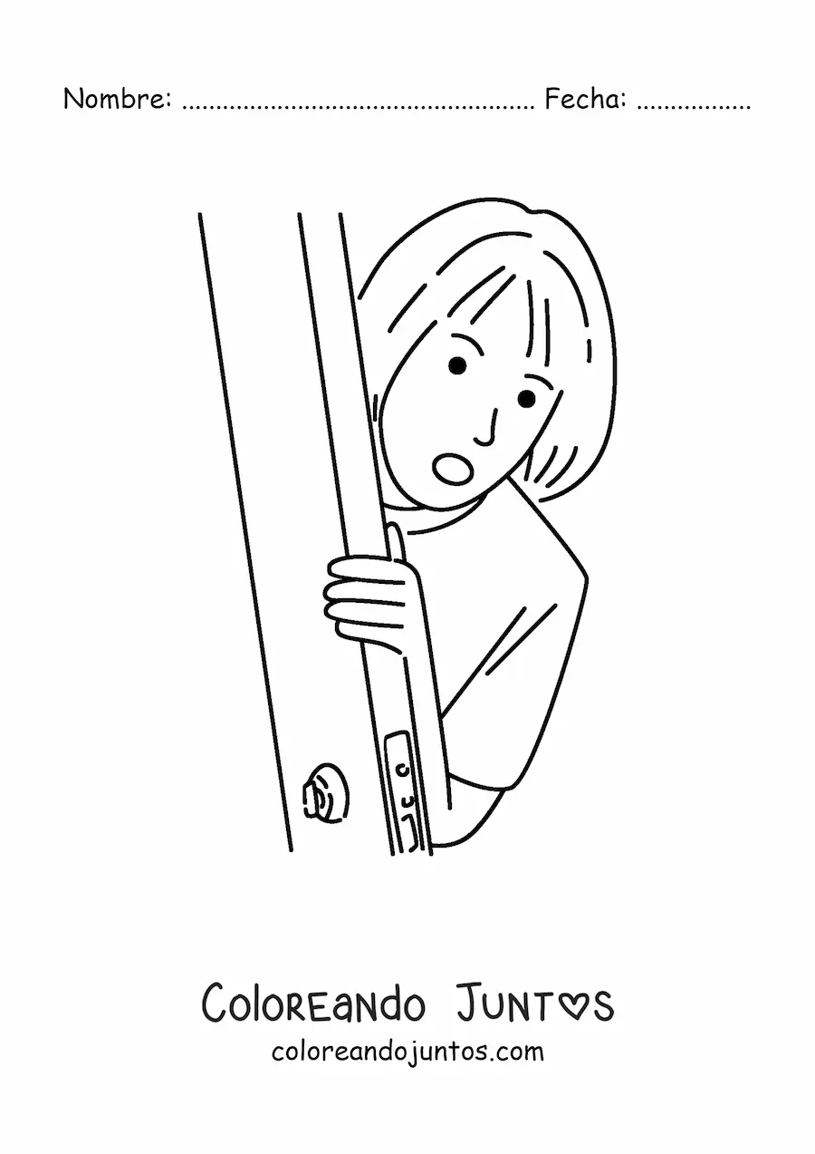Imagen para colorear de una chica asomada detrás de una puerta
