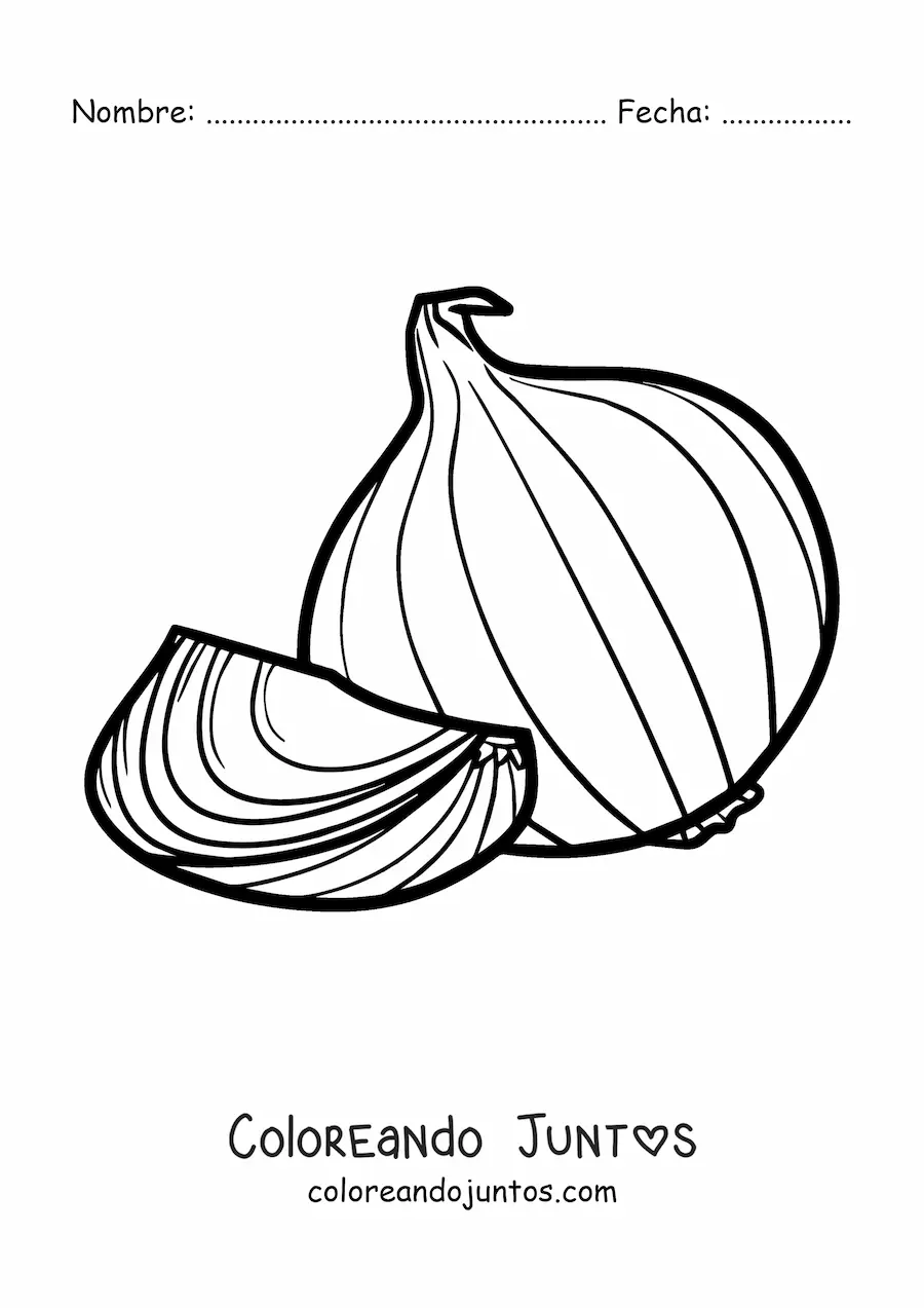 Imagen para colorear de una cebolla cabezona completa y un trozo