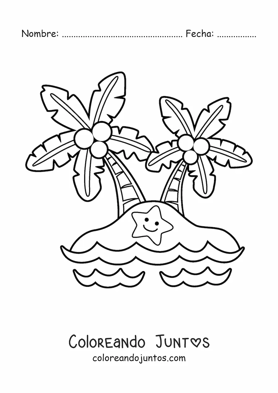 Imagen para colorear de una isla kawaii con 2 palmeras y una estrella de mar sonriente