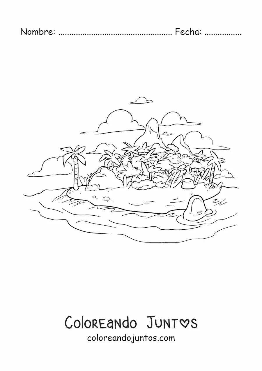 Imagen para colorear de una isla realista grande con palmeras y montañas