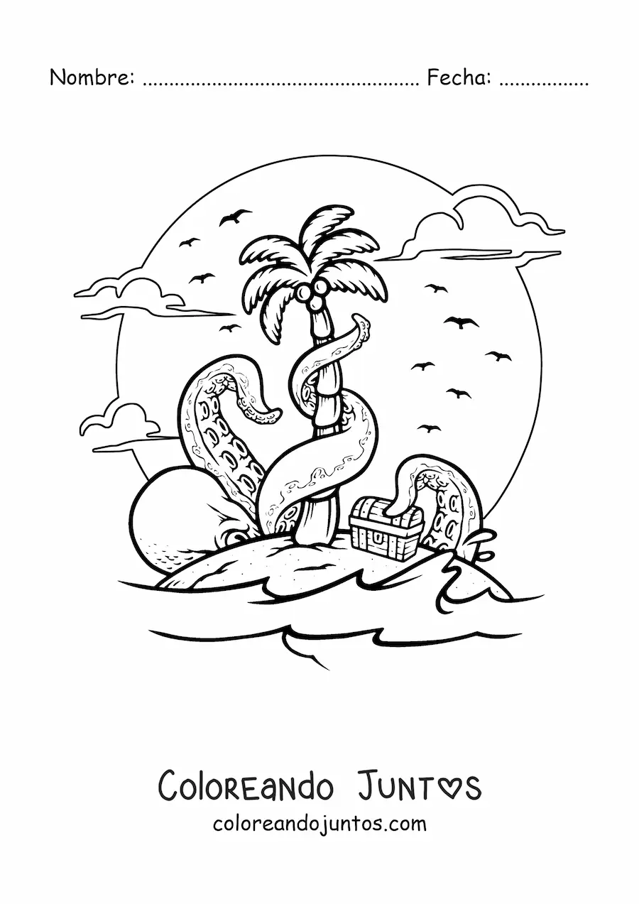 Imagen para colorear de una isla con cofre del tesoro con un pulpo gigante intentando robarlo
