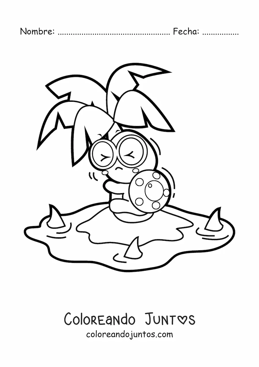 Imagen para colorear de una tortuga kawaii asustada en una isla rodeada de tiburones