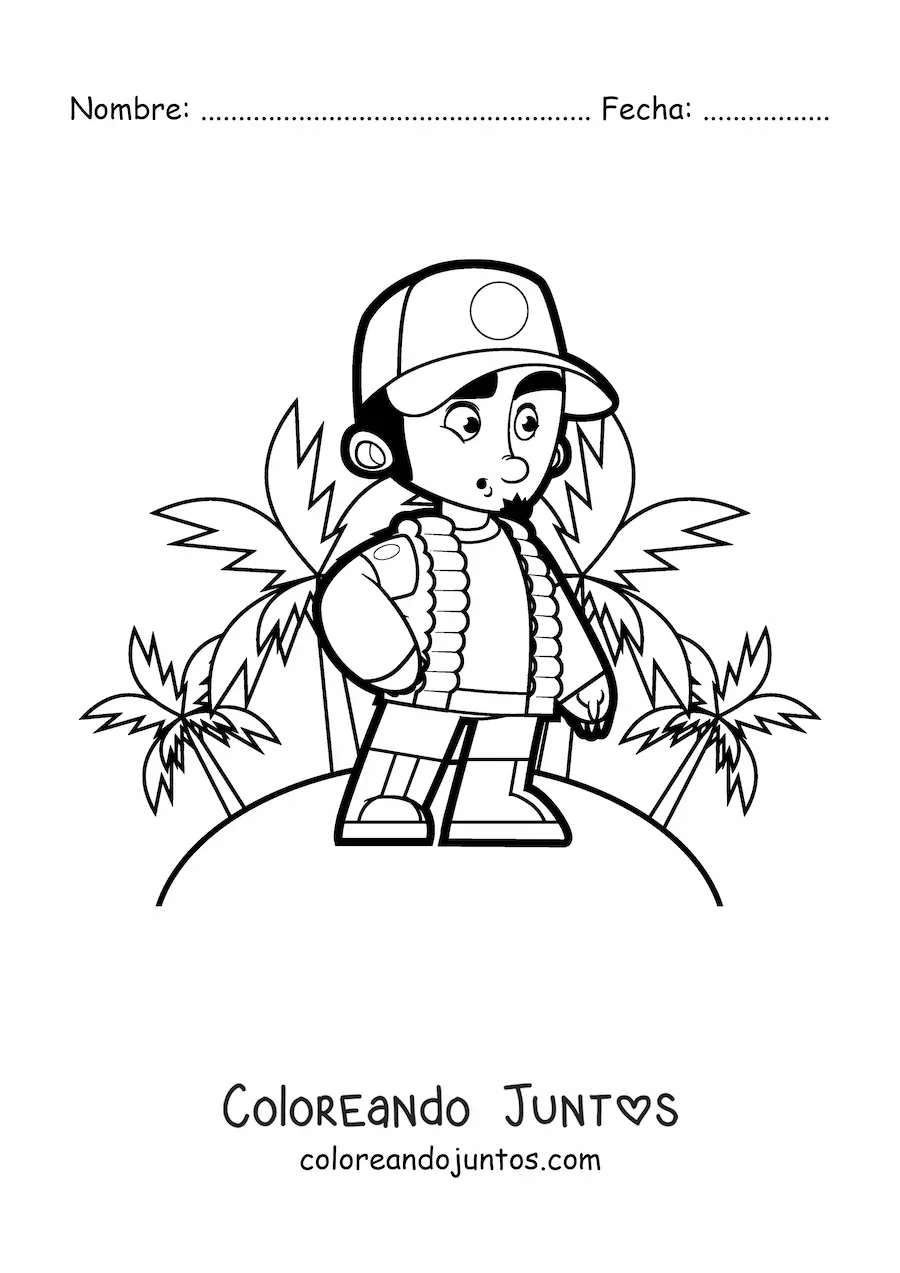 Imagen para colorear de un explorador en una isla tropical con palmeras