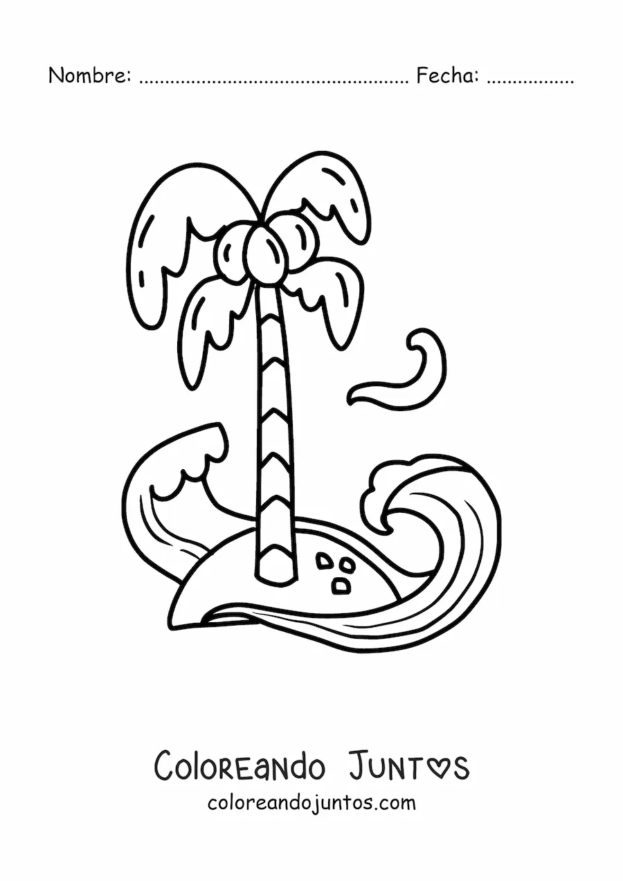Imagen para colorear de una isla con un cocotero y olas en el mar