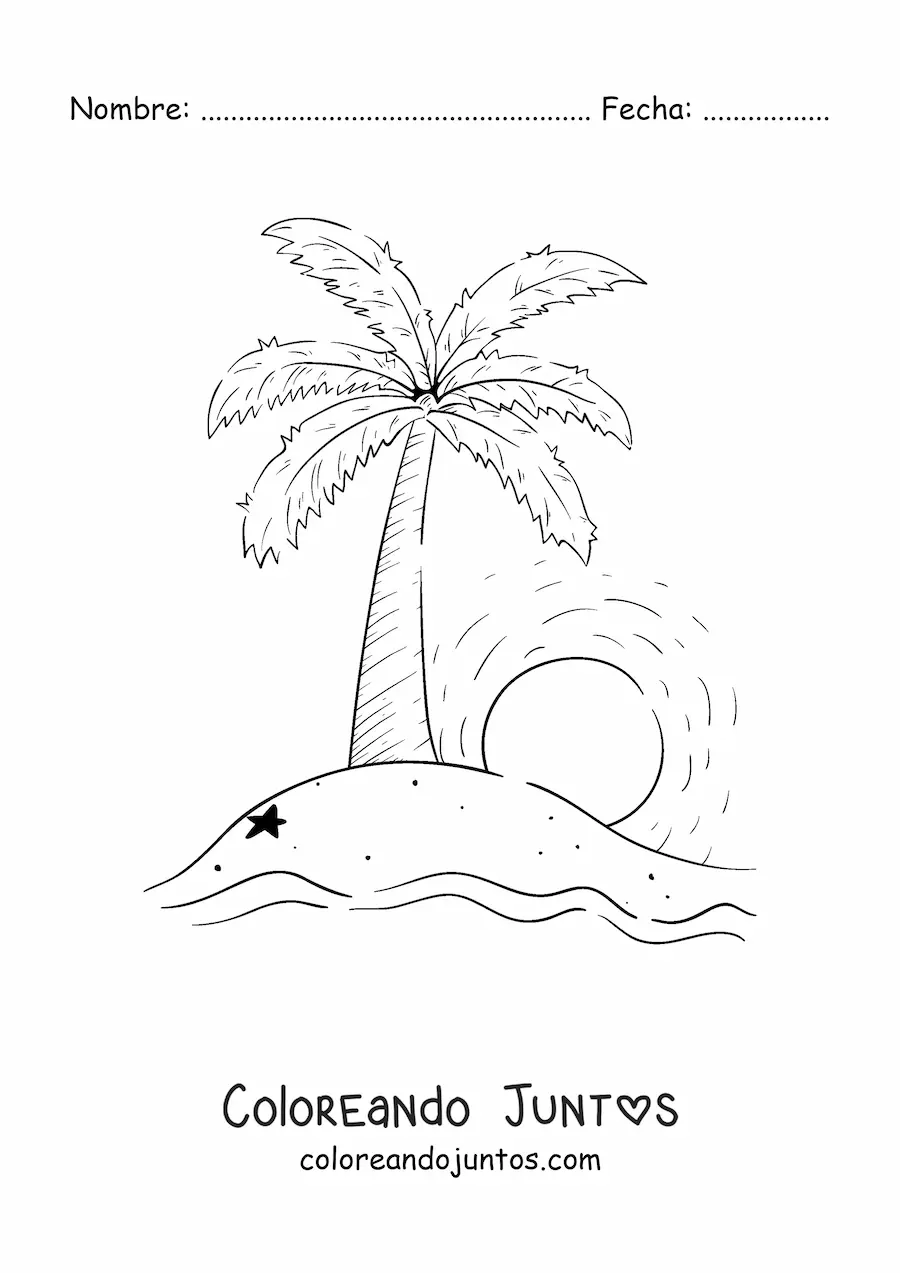 Imagen para colorear del sol ocultándose en una isla con una palmera